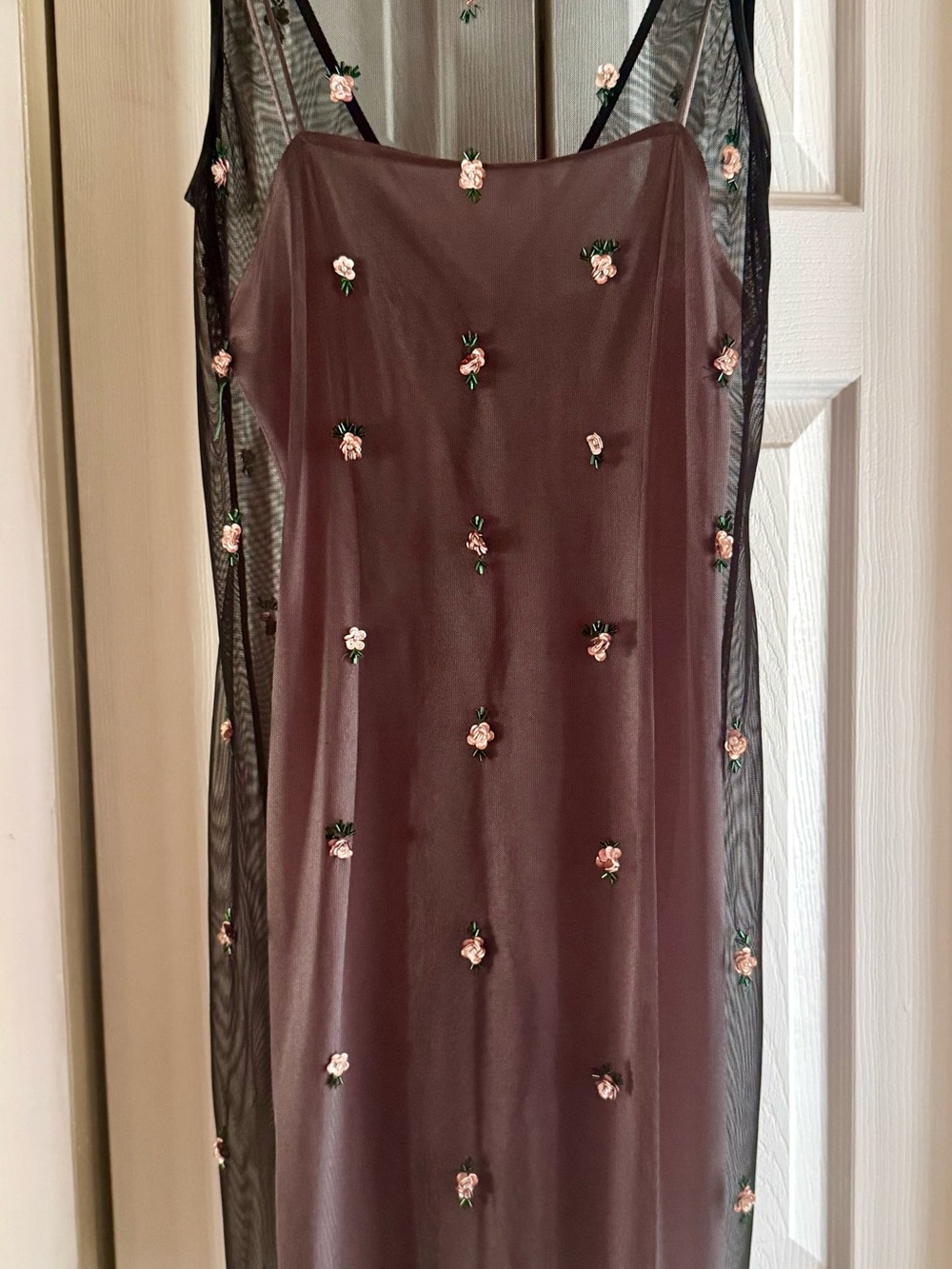 Papell Boutique Black Sheer Slip Dress with Pink Floral Appliqués
